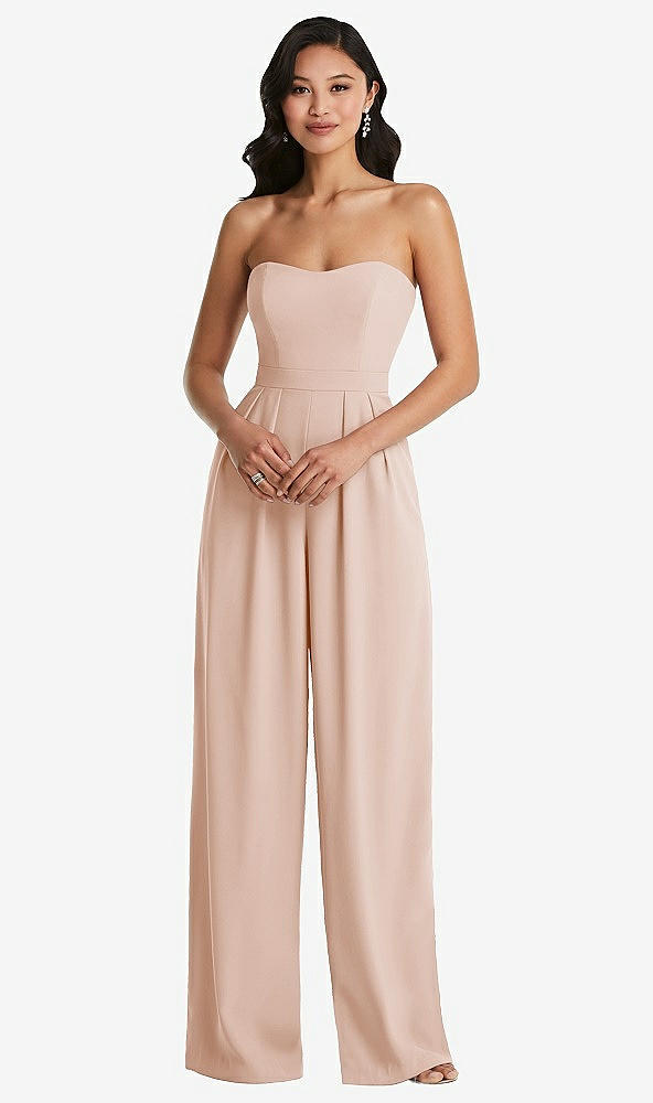 Front View - Cameo Strapless Pleated Front Jumpsuit with Pockets