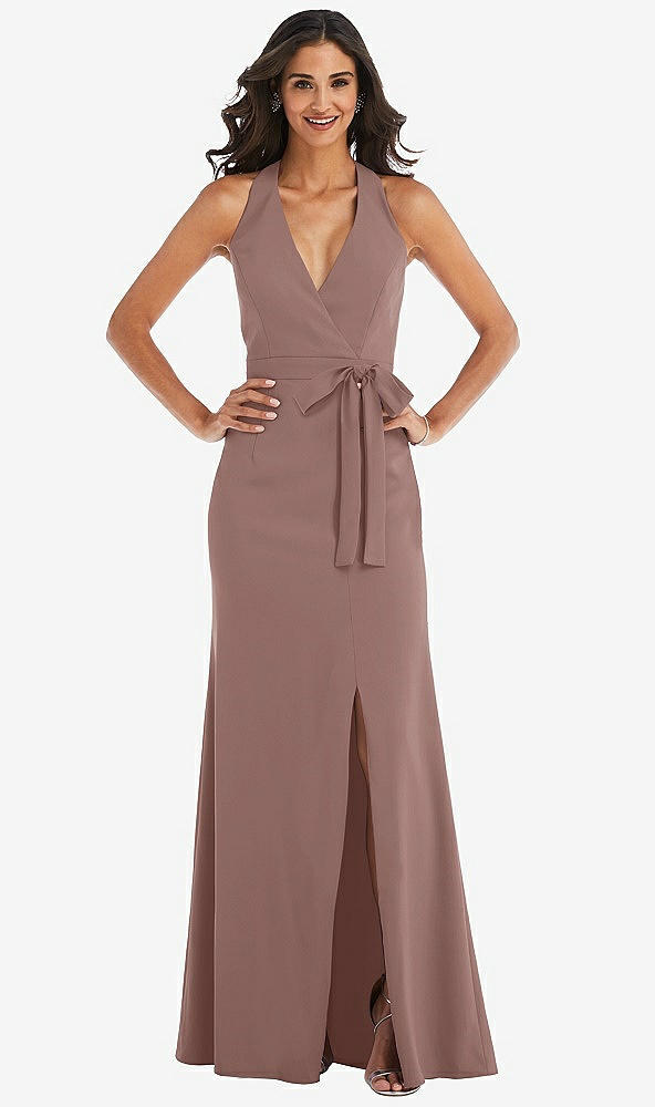 Front View - Sienna Open-Back Halter Maxi Dress with Draped Bow