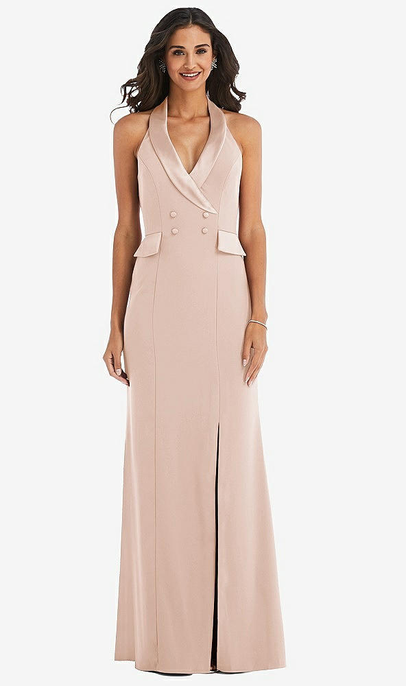 Front View - Cameo Halter Tuxedo Maxi Dress with Front Slit