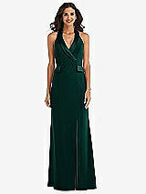 Front View Thumbnail - Evergreen Halter Tuxedo Maxi Dress with Front Slit