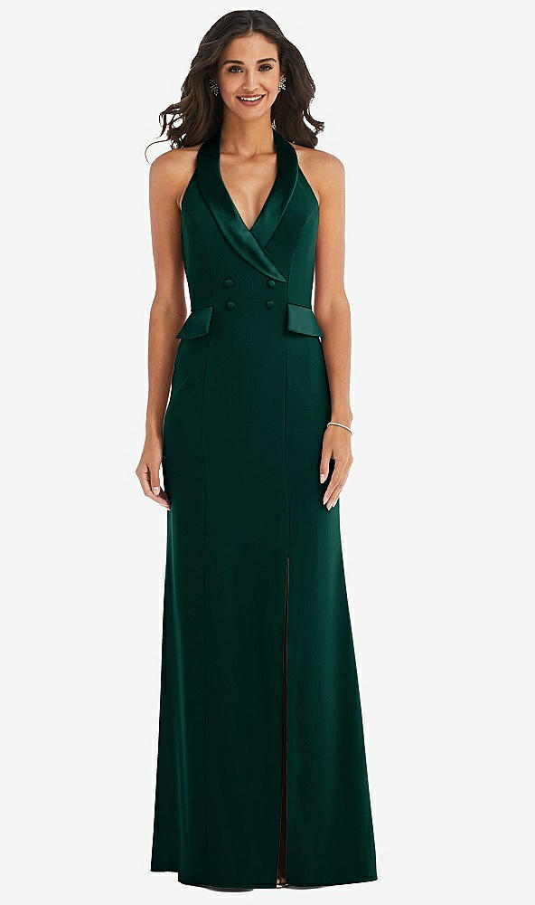 Front View - Evergreen Halter Tuxedo Maxi Dress with Front Slit