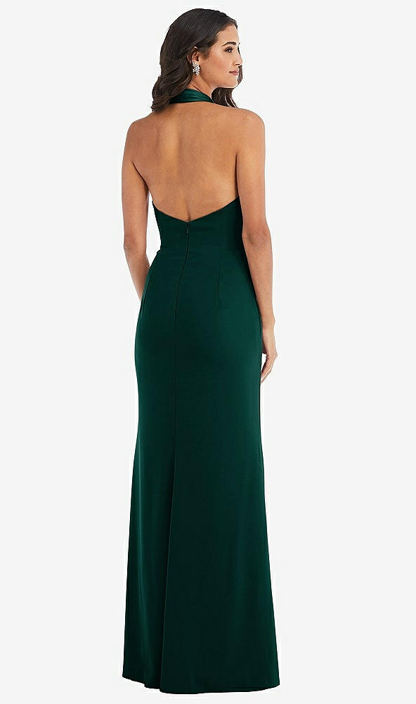 Back View - Evergreen Halter Tuxedo Maxi Dress with Front Slit