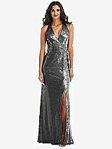 Front View Thumbnail - Stardust Halter Wrap Sequin Trumpet Gown with Front Slit