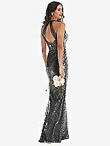 Rear View Thumbnail - Stardust Halter Wrap Sequin Trumpet Gown with Front Slit