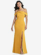 Alt View 1 Thumbnail - NYC Yellow One-Shoulder Draped Cuff Maxi Dress with Front Slit