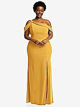 Front View Thumbnail - NYC Yellow One-Shoulder Draped Cuff Maxi Dress with Front Slit