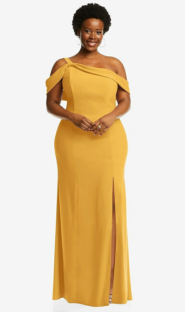 Front View - NYC Yellow One-Shoulder Draped Cuff Maxi Dress with Front Slit