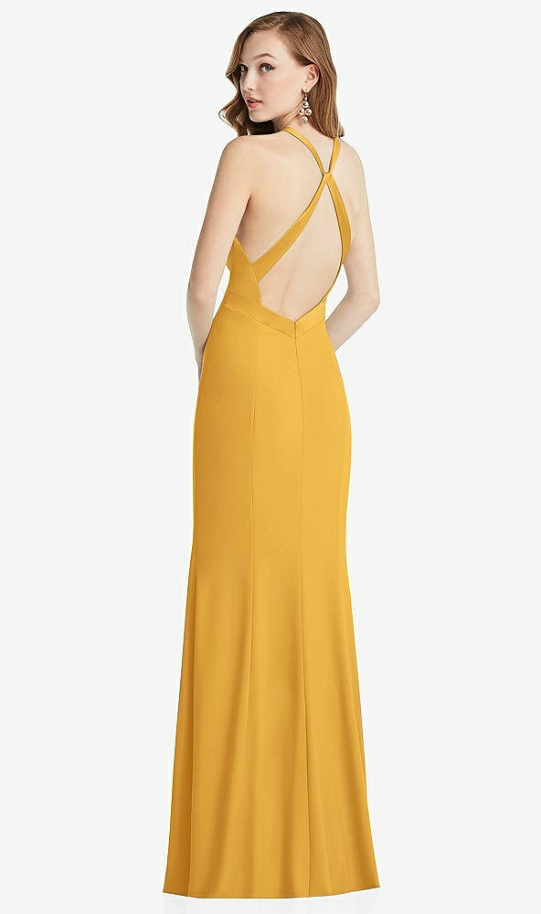 Front View - NYC Yellow High-Neck Halter Dress with Twist Criss Cross Back 