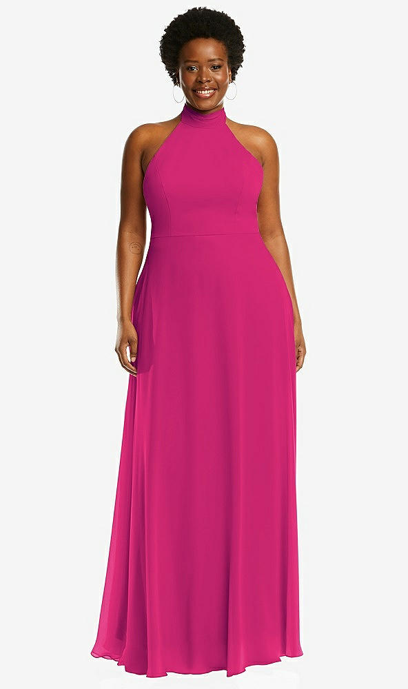 Front View - Think Pink High Neck Halter Backless Maxi Dress