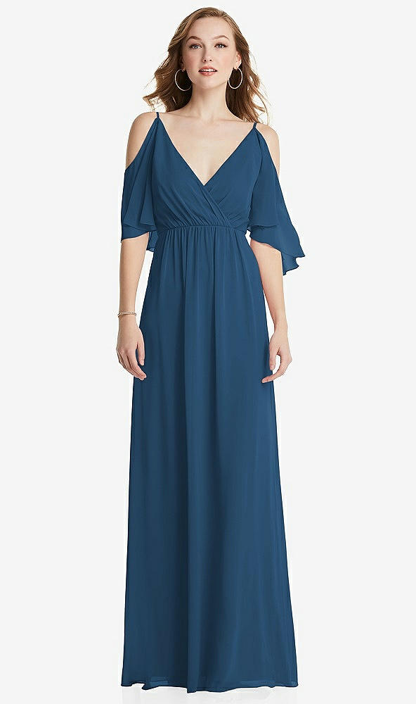 Front View - Dusk Blue Convertible Cold-Shoulder Draped Wrap Maxi Dress