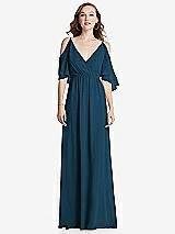 Front View Thumbnail - Atlantic Blue Convertible Cold-Shoulder Draped Wrap Maxi Dress