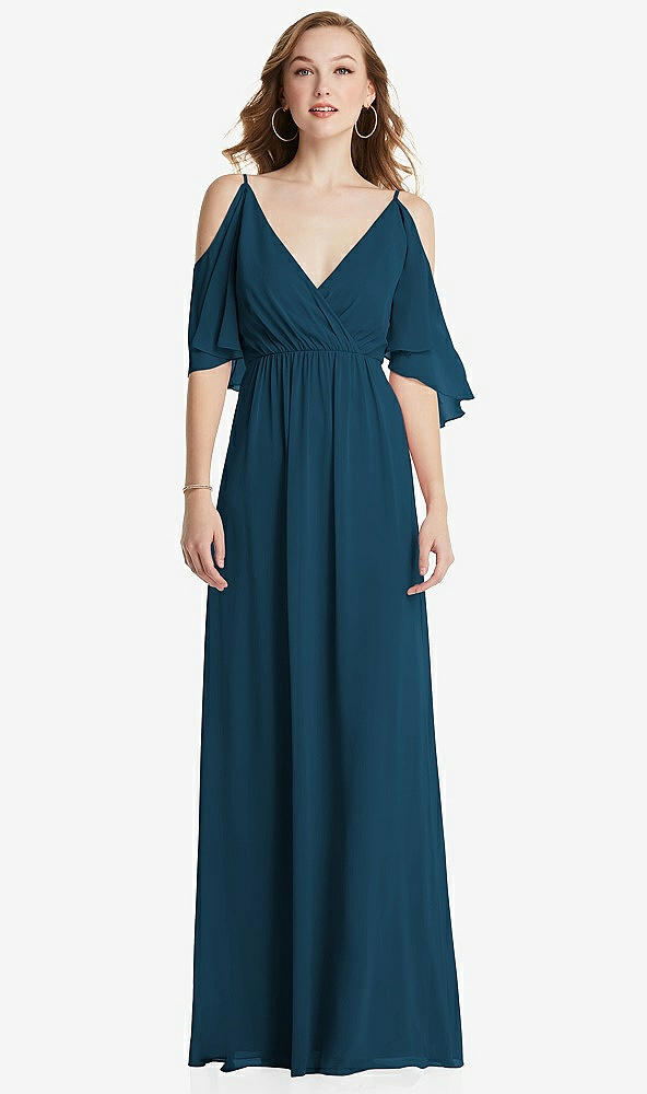 Front View - Atlantic Blue Convertible Cold-Shoulder Draped Wrap Maxi Dress