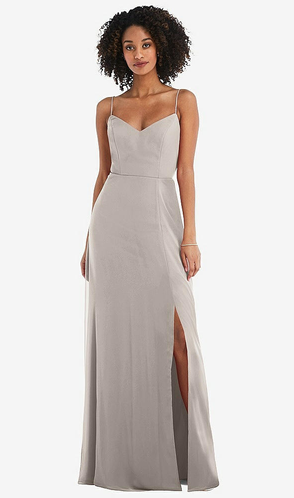 Front View - Taupe Tie-Back Cutout Maxi Dress with Front Slit