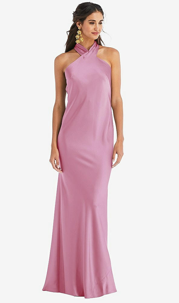 Front View - Powder Pink Draped Twist Halter Tie-Back Trumpet Gown - Imogen