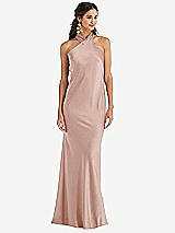 Front View Thumbnail - Toasted Sugar Draped Twist Halter Tie-Back Trumpet Gown - Imogen