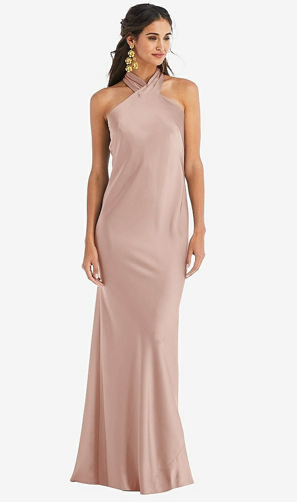 Front View - Toasted Sugar Draped Twist Halter Tie-Back Trumpet Gown - Imogen