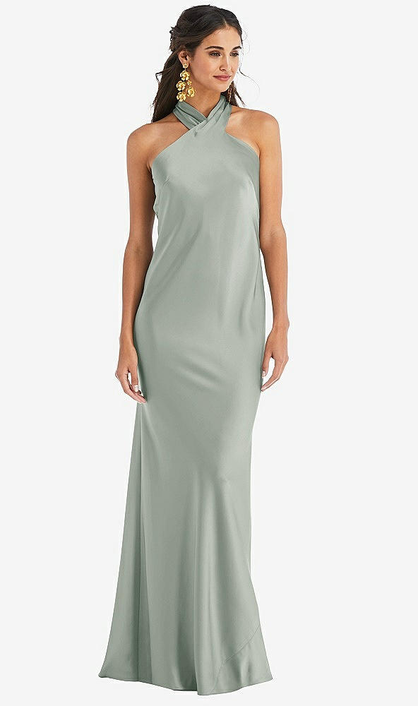 Front View - Willow Green Draped Twist Halter Tie-Back Trumpet Gown - Imogen