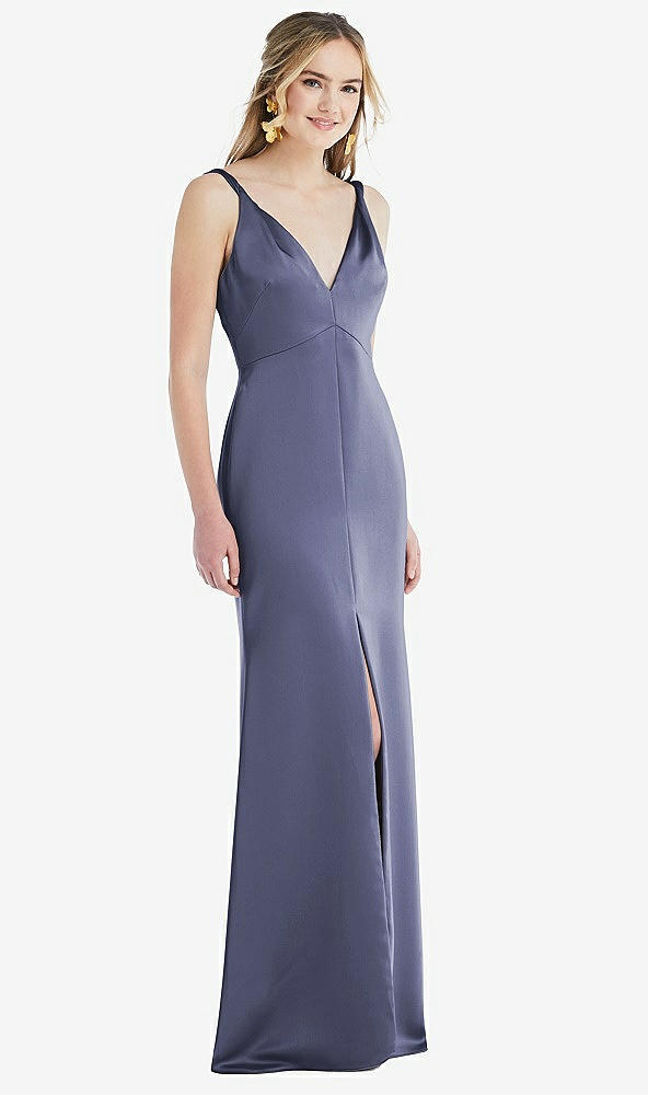 Front View - French Blue Twist Strap Maxi Slip Dress with Front Slit - Neve
