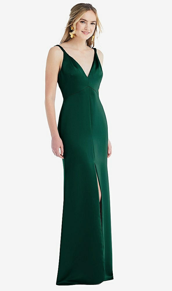 Front View - Hunter Green Twist Strap Maxi Slip Dress with Front Slit - Neve