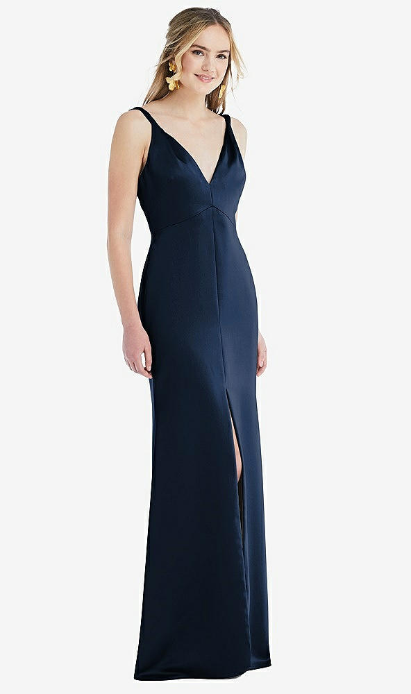 Front View - Midnight Navy Twist Strap Maxi Slip Dress with Front Slit - Neve