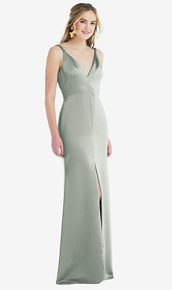 Front View - Willow Green Twist Strap Maxi Slip Dress with Front Slit - Neve