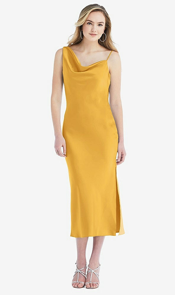 Front View - NYC Yellow Asymmetrical One-Shoulder Cowl Midi Slip Dress