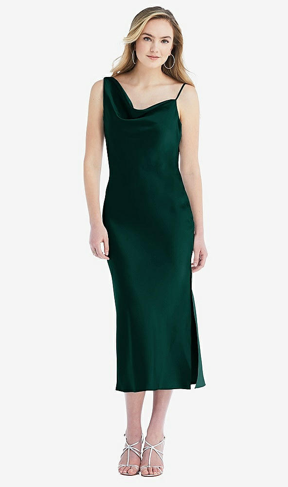 Front View - Evergreen Asymmetrical One-Shoulder Cowl Midi Slip Dress