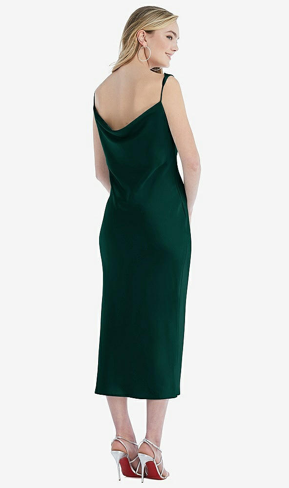Back View - Evergreen Asymmetrical One-Shoulder Cowl Midi Slip Dress
