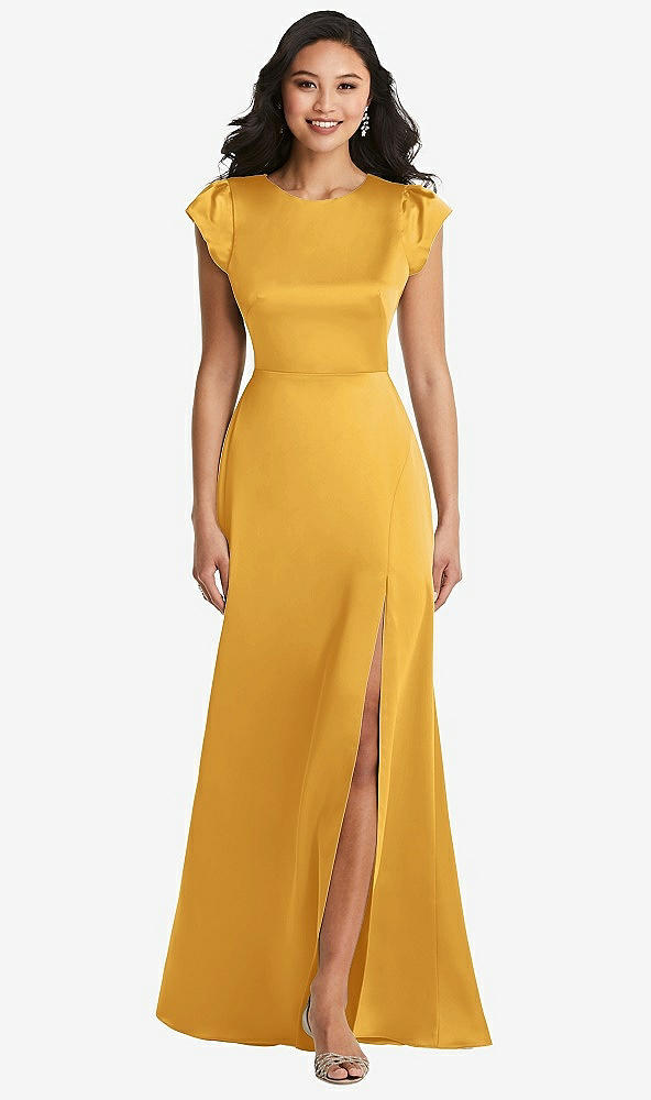 Front View - NYC Yellow Shirred Cap Sleeve Maxi Dress with Keyhole Cutout Back