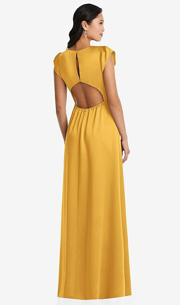 Back View - NYC Yellow Shirred Cap Sleeve Maxi Dress with Keyhole Cutout Back