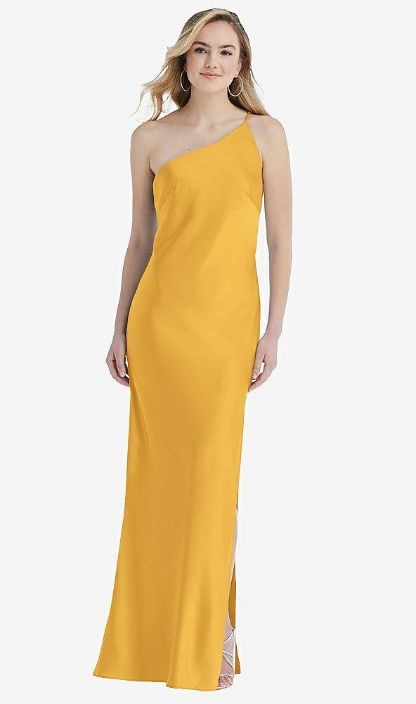 Front View - NYC Yellow One-Shoulder Asymmetrical Maxi Slip Dress