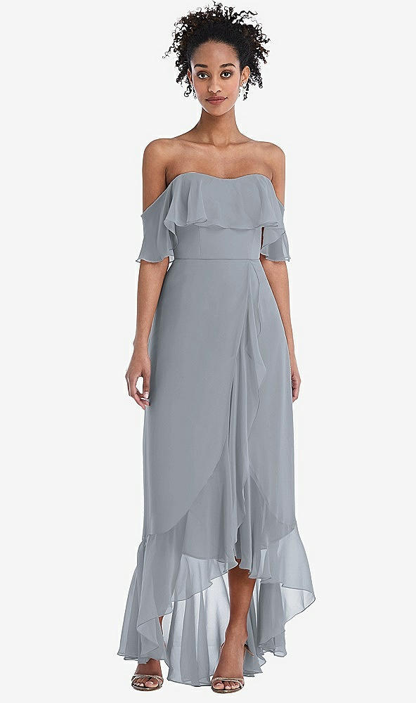 Front View - Platinum Off-the-Shoulder Ruffled High Low Maxi Dress