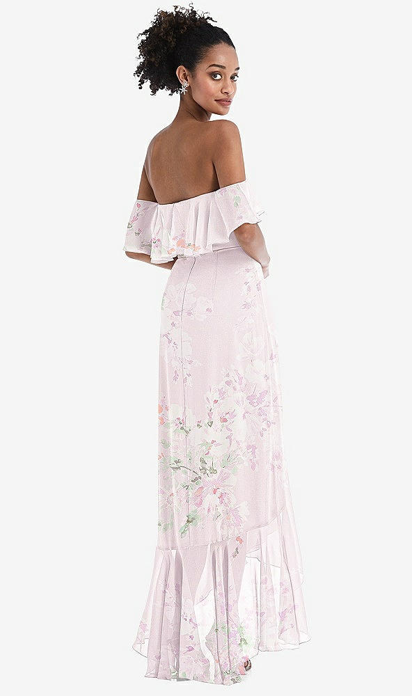 Back View - Watercolor Print Off-the-Shoulder Ruffled High Low Maxi Dress