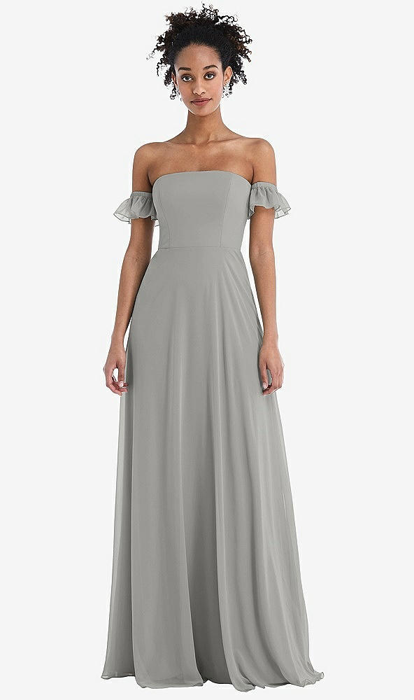 Front View - Chelsea Gray Off-the-Shoulder Ruffle Cuff Sleeve Chiffon Maxi Dress