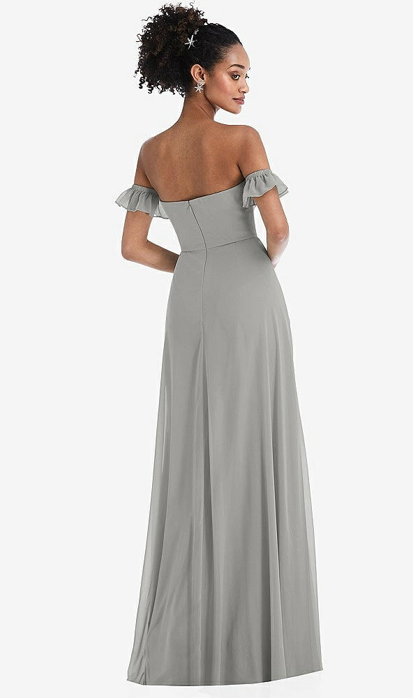 Back View - Chelsea Gray Off-the-Shoulder Ruffle Cuff Sleeve Chiffon Maxi Dress