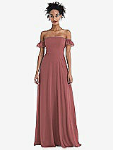 Front View Thumbnail - English Rose Off-the-Shoulder Ruffle Cuff Sleeve Chiffon Maxi Dress
