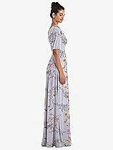Side View Thumbnail - Butterfly Botanica Silver Dove Bow One-Shoulder Flounce Sleeve Maxi Dress