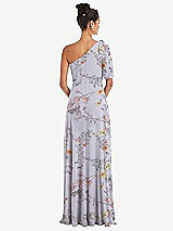 Rear View Thumbnail - Butterfly Botanica Silver Dove Bow One-Shoulder Flounce Sleeve Maxi Dress