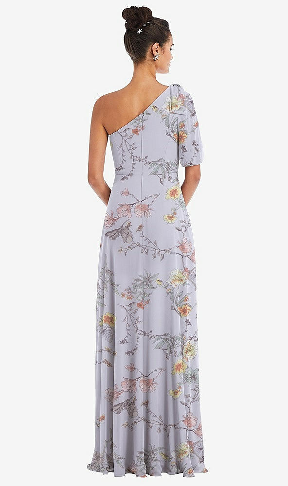 Back View - Butterfly Botanica Silver Dove Bow One-Shoulder Flounce Sleeve Maxi Dress