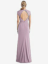 Rear View Thumbnail - Suede Rose Cap Sleeve Open-Back Trumpet Gown with Front Slit