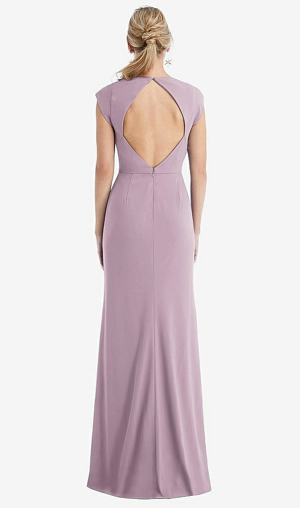 Back View - Suede Rose Cap Sleeve Open-Back Trumpet Gown with Front Slit