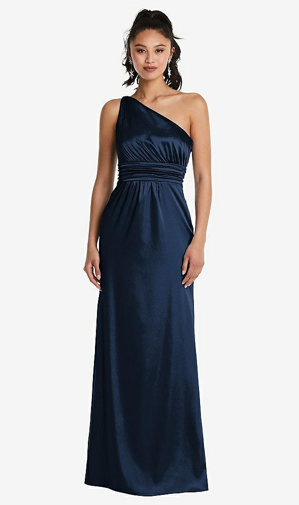 Front View - Midnight Navy One-Shoulder Draped Satin Maxi Dress