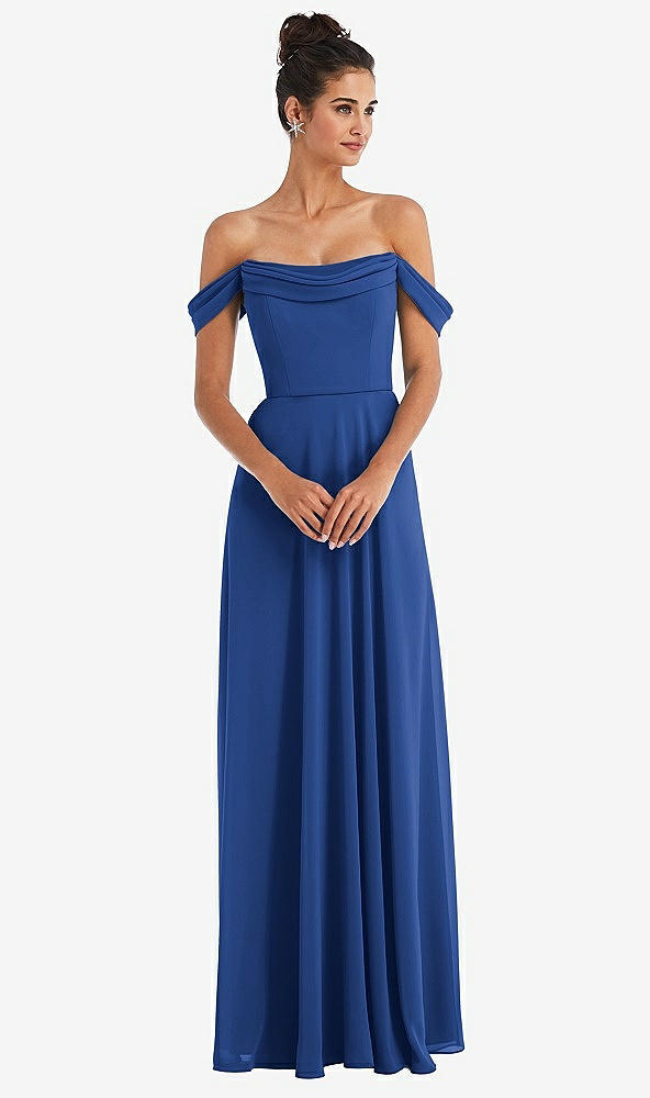 Front View - Classic Blue Off-the-Shoulder Draped Neckline Maxi Dress
