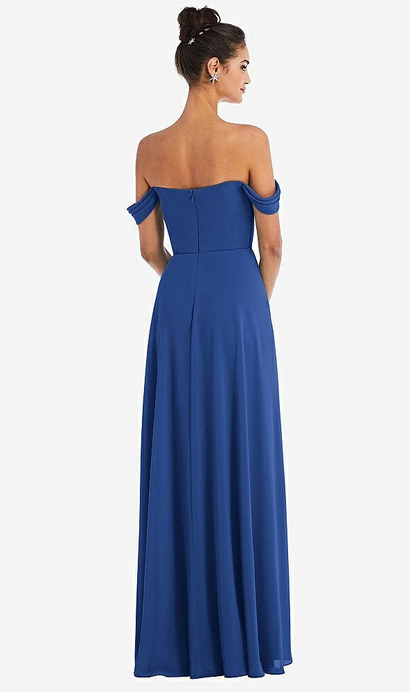 Back View - Classic Blue Off-the-Shoulder Draped Neckline Maxi Dress