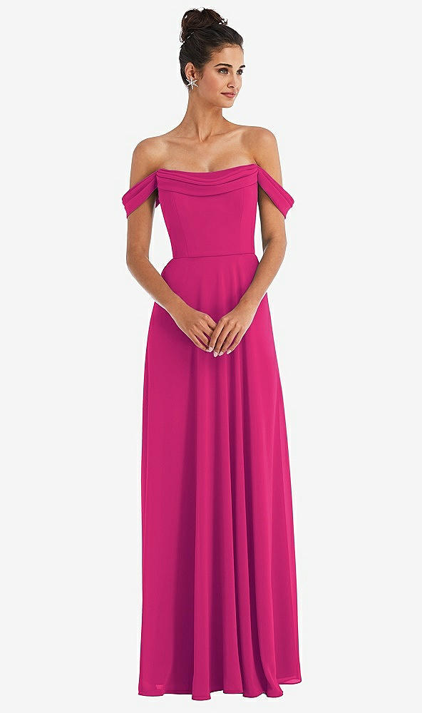 Front View - Think Pink Off-the-Shoulder Draped Neckline Maxi Dress