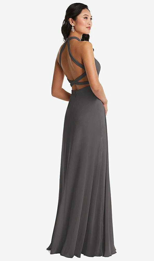 Front View - Caviar Gray Stand Collar Halter Maxi Dress with Criss Cross Open-Back