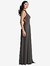 Side View Thumbnail - Caviar Gray Stand Collar Halter Maxi Dress with Criss Cross Open-Back
