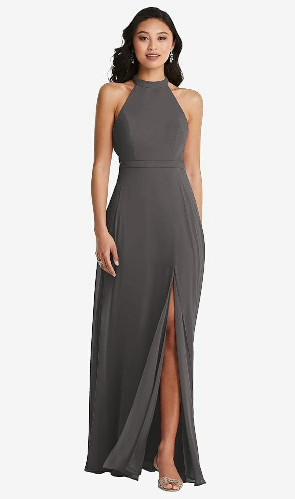 Back View - Caviar Gray Stand Collar Halter Maxi Dress with Criss Cross Open-Back