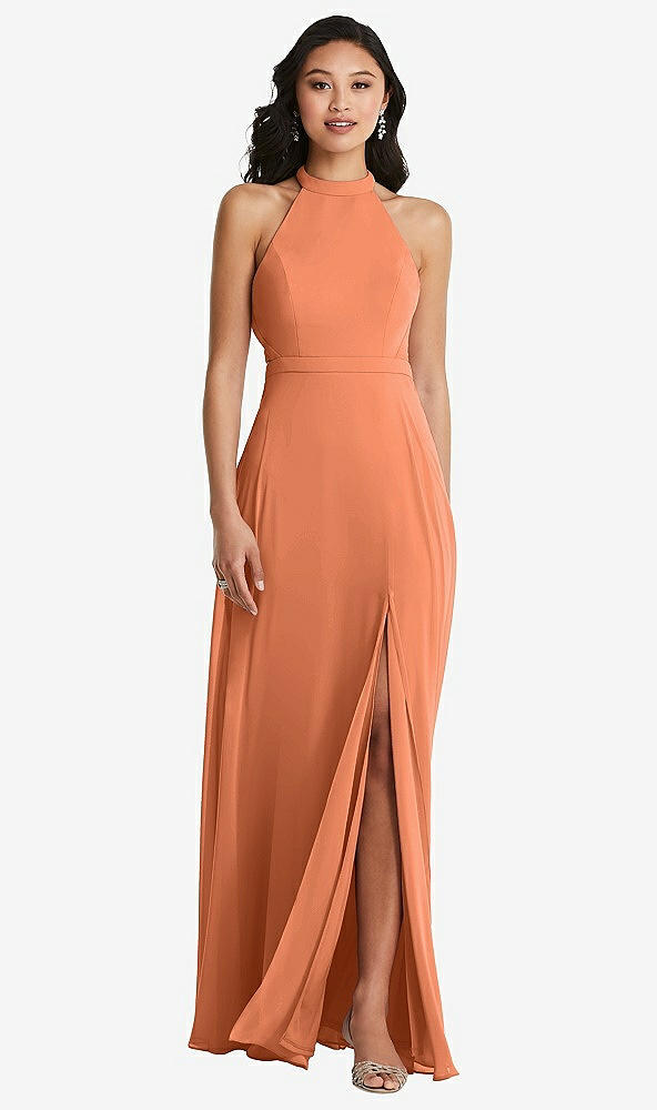 Back View - Sweet Melon Stand Collar Halter Maxi Dress with Criss Cross Open-Back