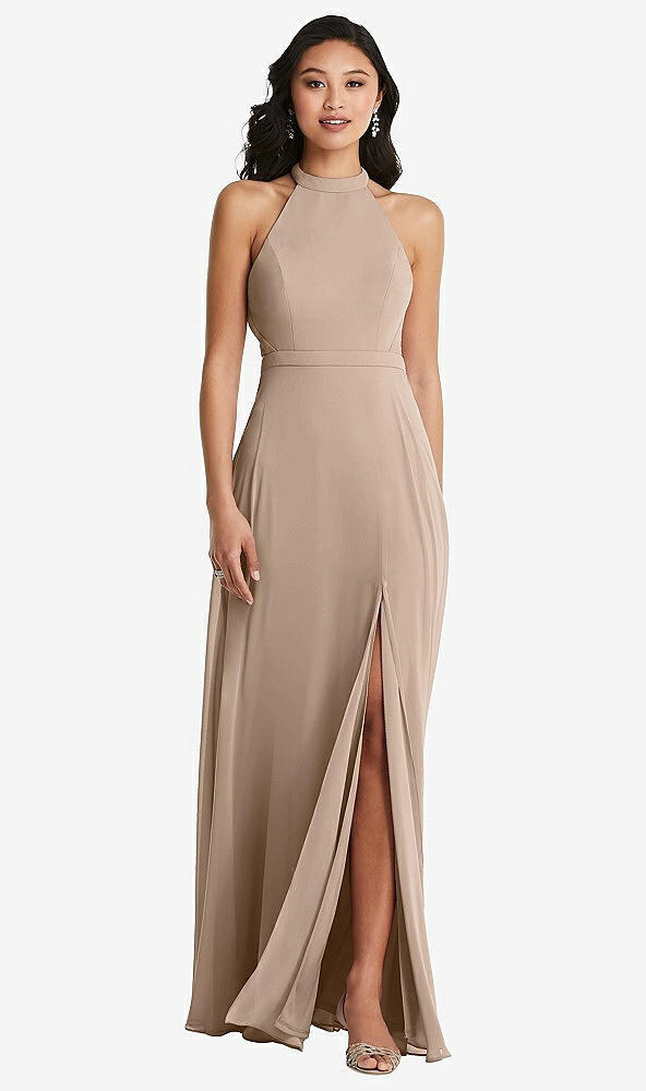 Back View - Topaz Stand Collar Halter Maxi Dress with Criss Cross Open-Back